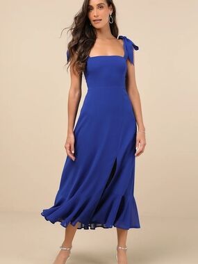 Lulus Summer Invite Royal Blue Tie-shoulder Tiered Midi Dress - Size L